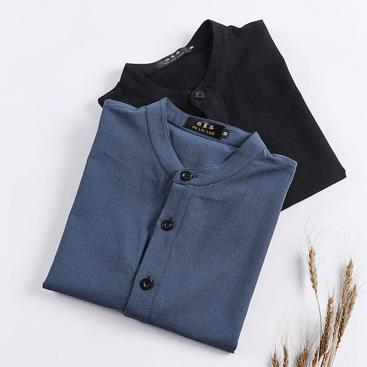 Camisa de algodón de manga larga para hombre con botones en color liso y sencillo con Buddha Stones - image 10