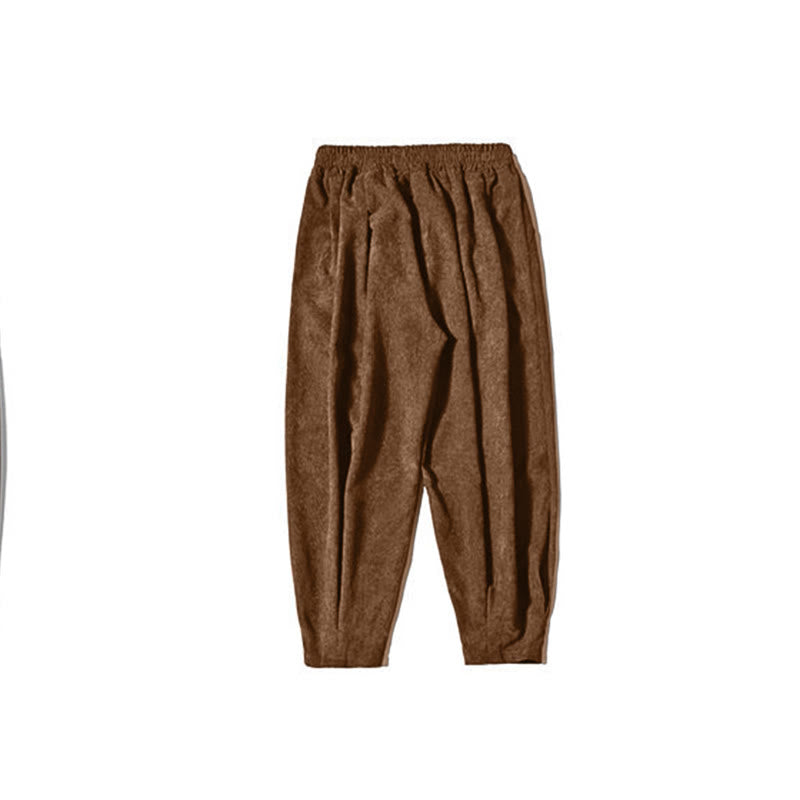 Pantalones harén de pana con forro polar liso y diseño simple para hombre, estilo retro Buddha Stones, con bolsillos - image 11
