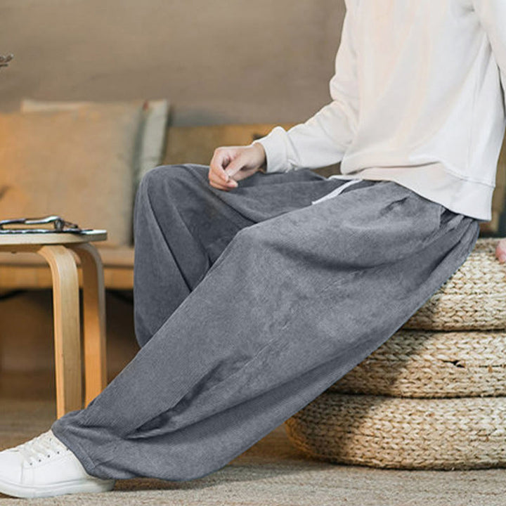 Pantalones harén de pana con forro polar liso y diseño simple para hombre, estilo retro Buddha Stones, con bolsillos - image 21