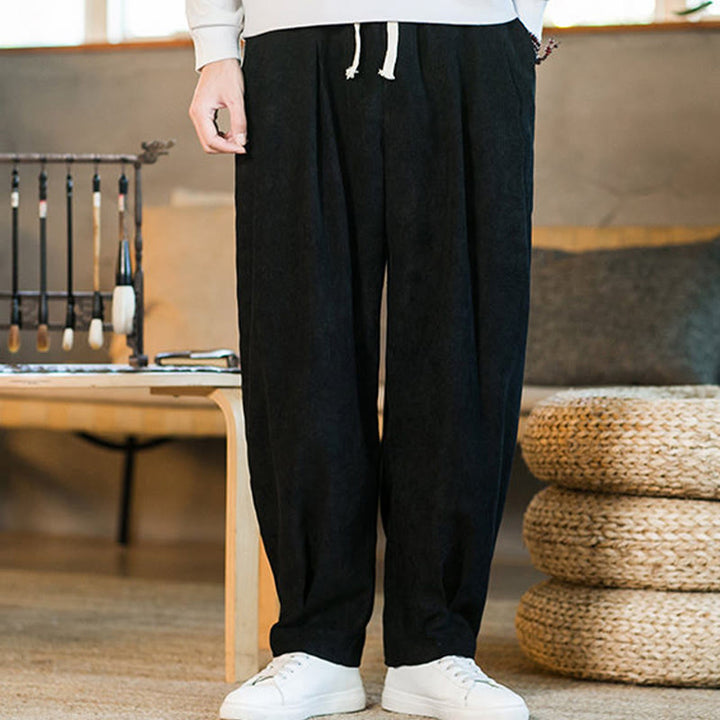 Pantalones harén de pana con forro polar liso y diseño simple para hombre, estilo retro Buddha Stones, con bolsillos - image 40