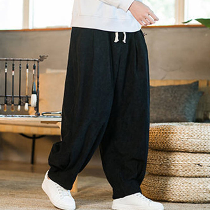 Pantalones harén de pana con forro polar liso y diseño simple para hombre, estilo retro Buddha Stones, con bolsillos - image 39
