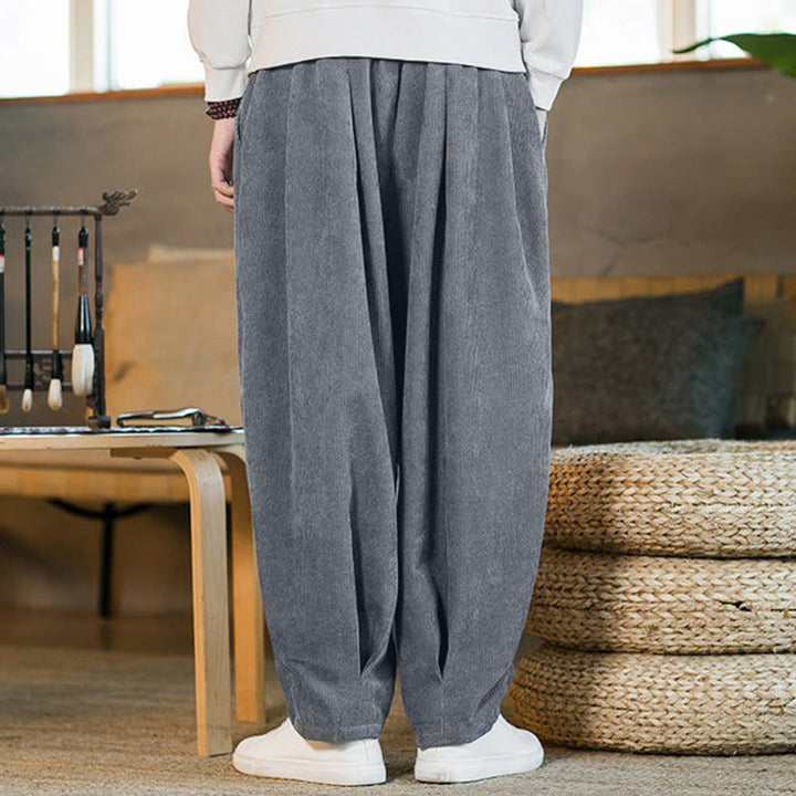 Pantalones harén de pana con forro polar liso y diseño simple para hombre, estilo retro Buddha Stones, con bolsillos - image 20