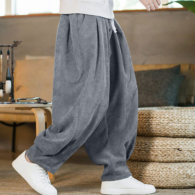 Pantalones harén de pana con forro polar liso y diseño simple para hombre, estilo retro Buddha Stones, con bolsillos - image 14