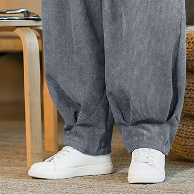 Pantalones harén de pana con forro polar liso y diseño simple para hombre, estilo retro Buddha Stones, con bolsillos - image 24