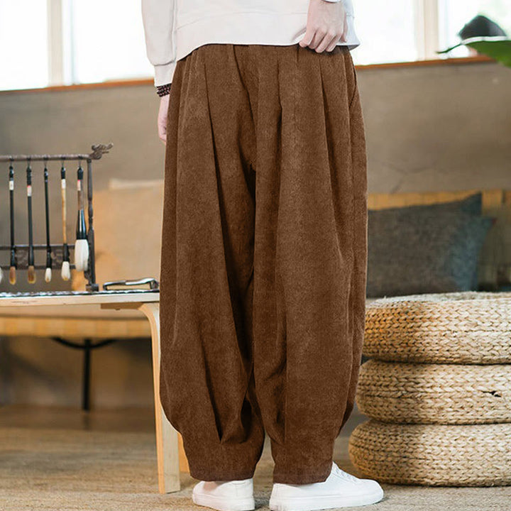 Pantalones harén de pana con forro polar liso y diseño simple para hombre, estilo retro Buddha Stones, con bolsillos - image 7