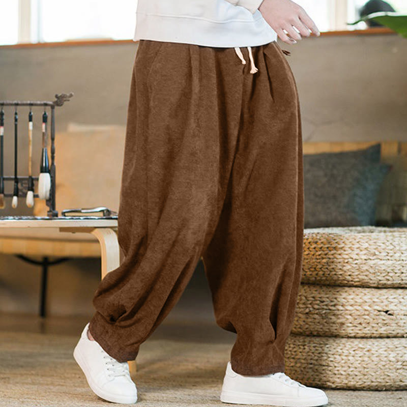 Pantalones harén de pana con forro polar liso y diseño simple para hombre, estilo retro Buddha Stones, con bolsillos - image 3