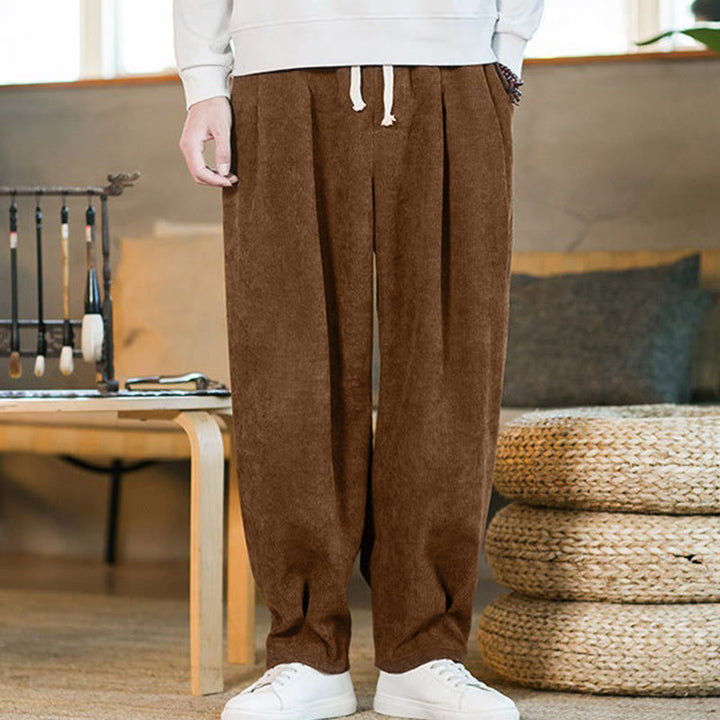 Pantalones harén de pana con forro polar liso y diseño simple para hombre, estilo retro Buddha Stones, con bolsillos - image 5
