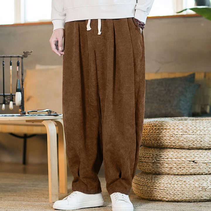 Pantalones harén de pana con forro polar liso y diseño simple para hombre, estilo retro Buddha Stones, con bolsillos - image 6
