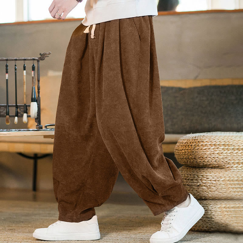 Pantalones harén de pana con forro polar liso y diseño simple para hombre, estilo retro Buddha Stones, con bolsillos - image 2