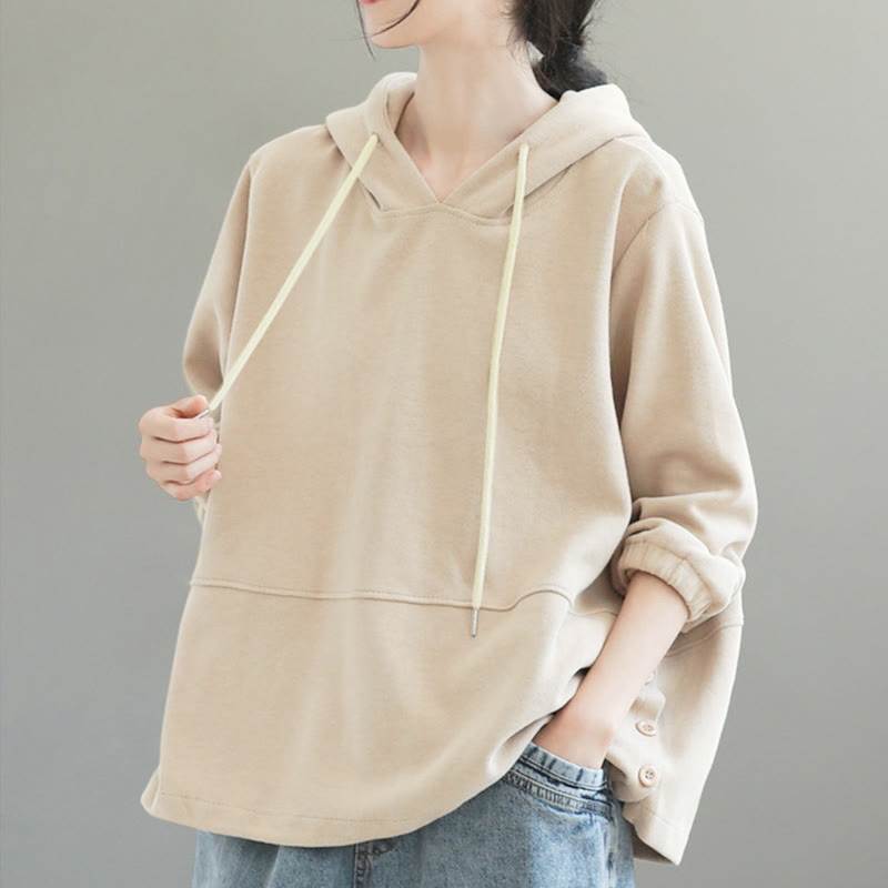 Sudadera con capucha de algodón de manga larga para mujer con botones laterales en color liso y estampado de Buddha Stones Fall - image 2