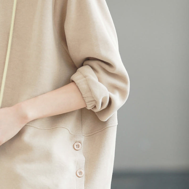 Sudadera con capucha de algodón de manga larga para mujer con botones laterales en color liso y estampado de Buddha Stones Fall - image 8