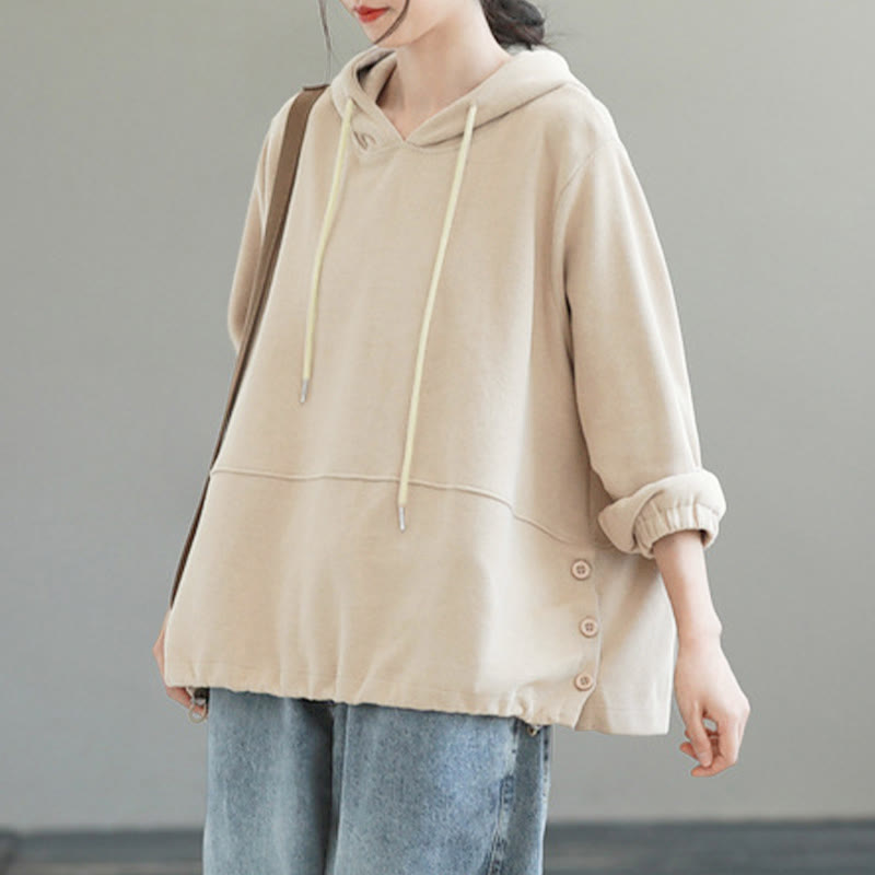 Sudadera con capucha de algodón de manga larga para mujer con botones laterales en color liso y estampado de Buddha Stones Fall - image 1