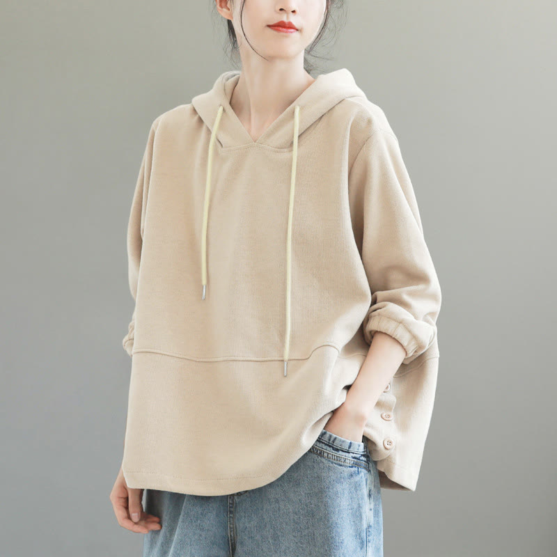 Sudadera con capucha de algodón de manga larga para mujer con botones laterales en color liso y estampado de Buddha Stones Fall - Beige - US8-10，UK/AU12-14，EU40-42 (2XL) - image 0