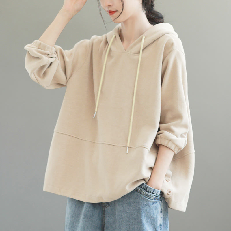Sudadera con capucha de algodón de manga larga para mujer con botones laterales en color liso y estampado de Buddha Stones Fall - image 3