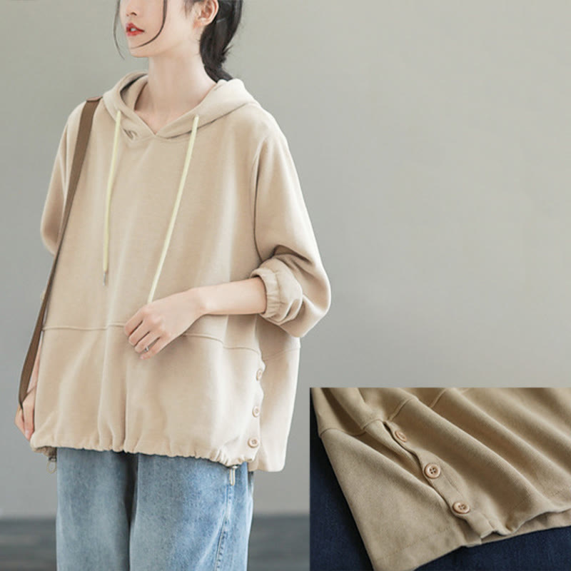 Sudadera con capucha de algodón de manga larga para mujer con botones laterales en color liso y estampado de Buddha Stones Fall - image 6