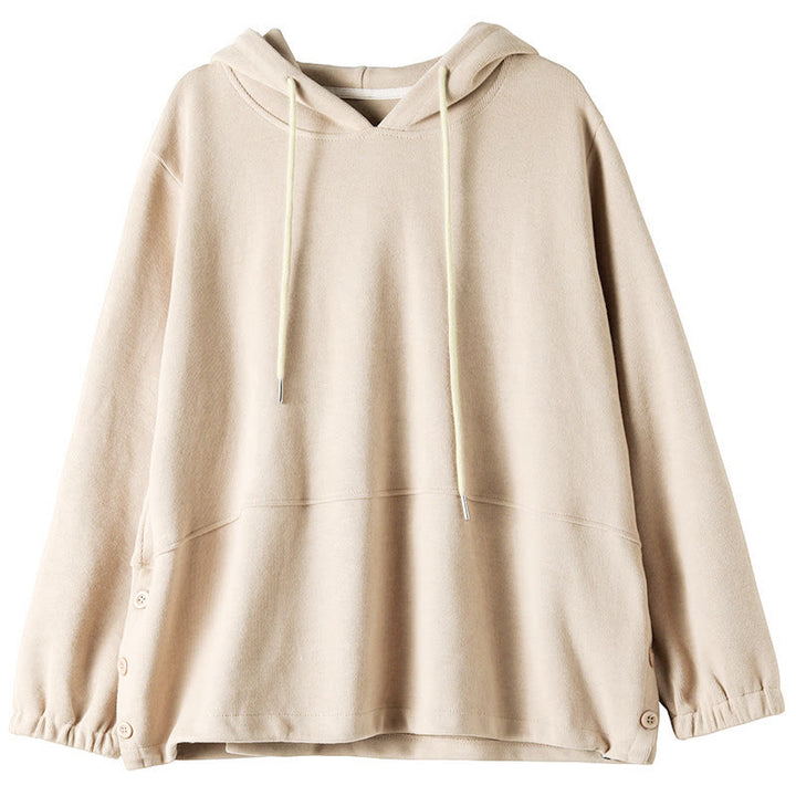 Sudadera con capucha de algodón de manga larga para mujer con botones laterales en color liso y estampado de Buddha Stones Fall - image 9