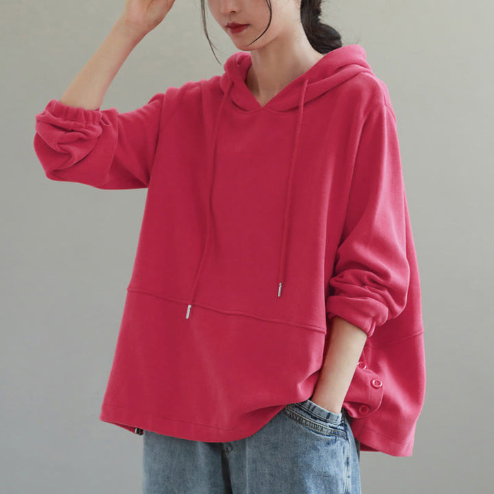Sudadera con capucha de algodón de manga larga para mujer con botones laterales en color liso y estampado de Buddha Stones Fall - image 11