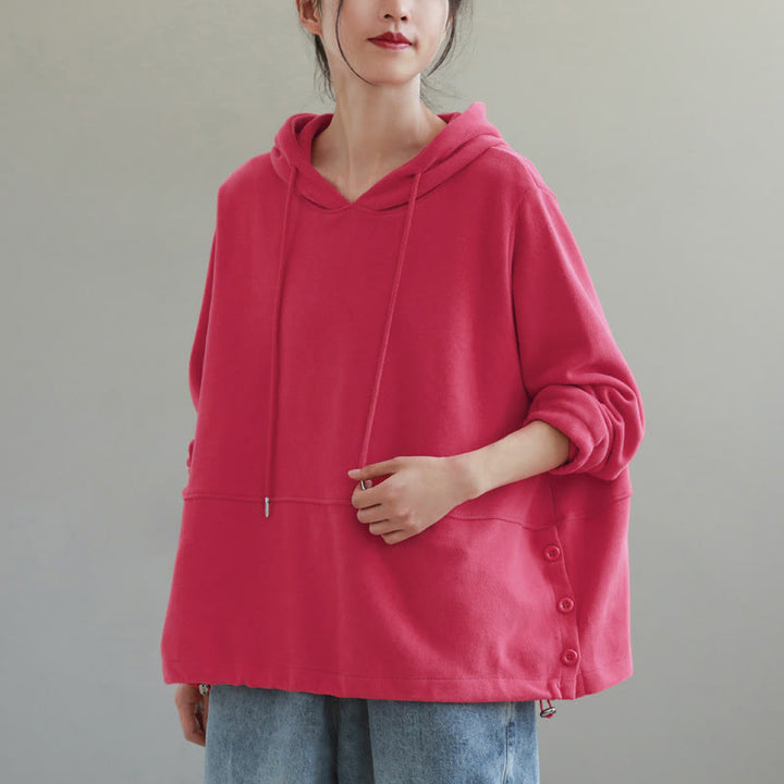 Sudadera con capucha de algodón de manga larga para mujer con botones laterales en color liso y estampado de Buddha Stones Fall - image 15