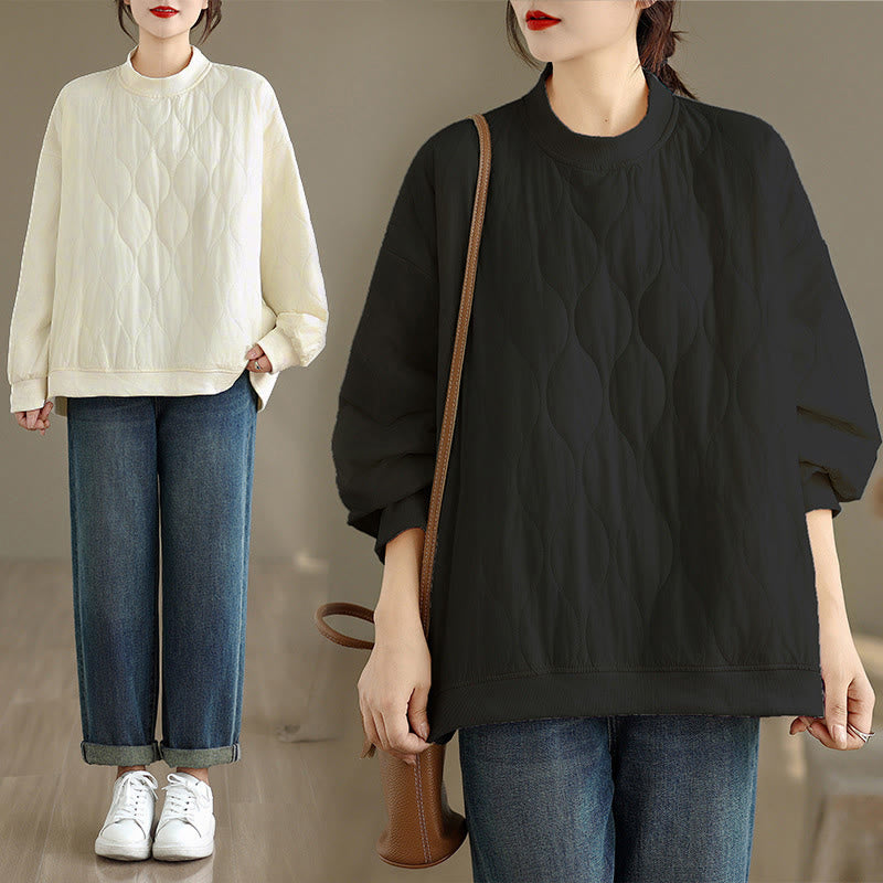 Sudadera de algodón para mujer, de manga larga, cuello redondo y bolsillos, con diseño curvo sólido y Buddha Stones en otoño - image 0