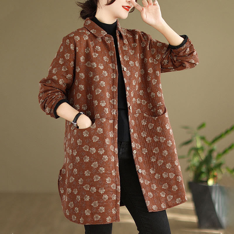 Chaqueta de algodón de manga larga para mujer con bolsillos y botones florales de otoño e invierno con Buddha Stones - image 16