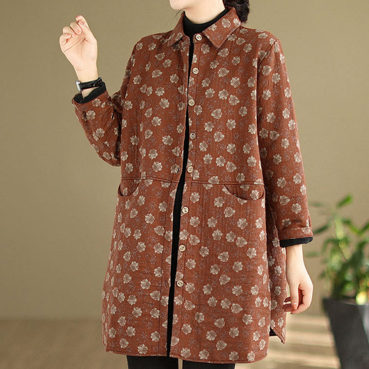 Chaqueta de algodón de manga larga para mujer con bolsillos y botones florales de otoño e invierno con Buddha Stones - image 15