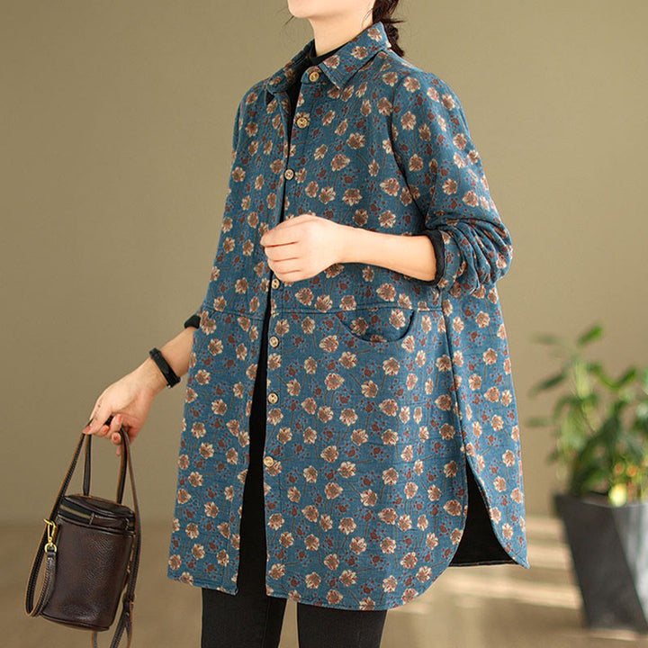 Chaqueta de algodón de manga larga para mujer con bolsillos y botones florales de otoño e invierno con Buddha Stones - image 6