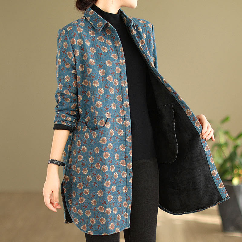 Chaqueta de algodón de manga larga para mujer con bolsillos y botones florales de otoño e invierno con Buddha Stones - image 7