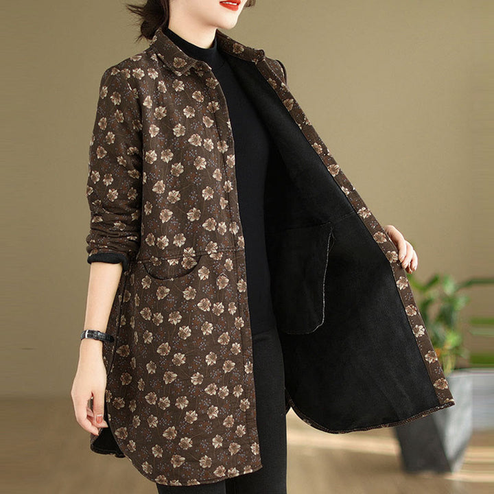 Chaqueta de algodón de manga larga para mujer con bolsillos y botones florales de otoño e invierno con Buddha Stones - image 3