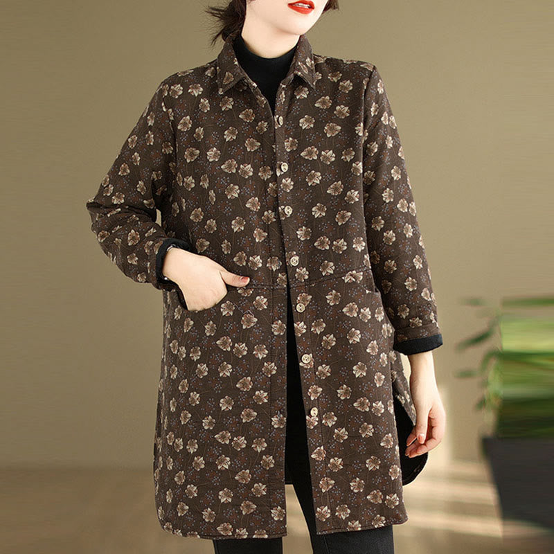 Chaqueta de algodón de manga larga para mujer con bolsillos y botones florales de otoño e invierno con Buddha Stones - image 1