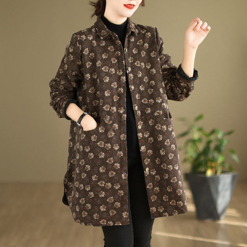 Chaqueta de algodón de manga larga para mujer con bolsillos y botones florales de otoño e invierno con Buddha Stones - SaddleBrown - US12, UK/AU16, EU44 (3XL) - image 0