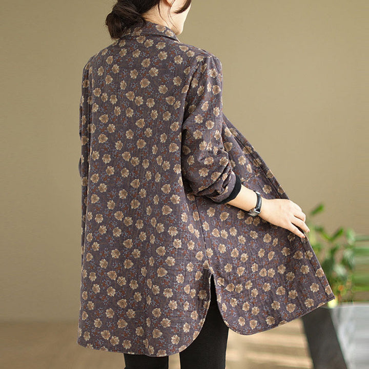 Chaqueta de algodón de manga larga para mujer con bolsillos y botones florales de otoño e invierno con Buddha Stones - image 10