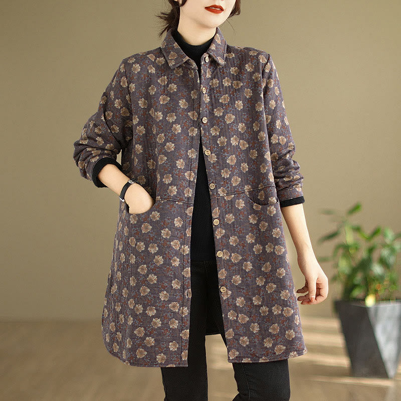 Chaqueta de algodón de manga larga para mujer con bolsillos y botones florales de otoño e invierno con Buddha Stones - Morado medio - US12, UK/AU16, EU44 (3XL) - image 8