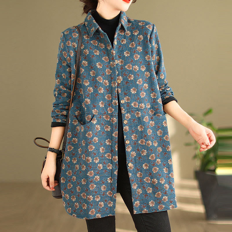 Chaqueta de algodón de manga larga para mujer con bolsillos y botones florales de otoño e invierno con Buddha Stones - Azul acero - US12, UK/AU16, EU44 (3XL) - image 4