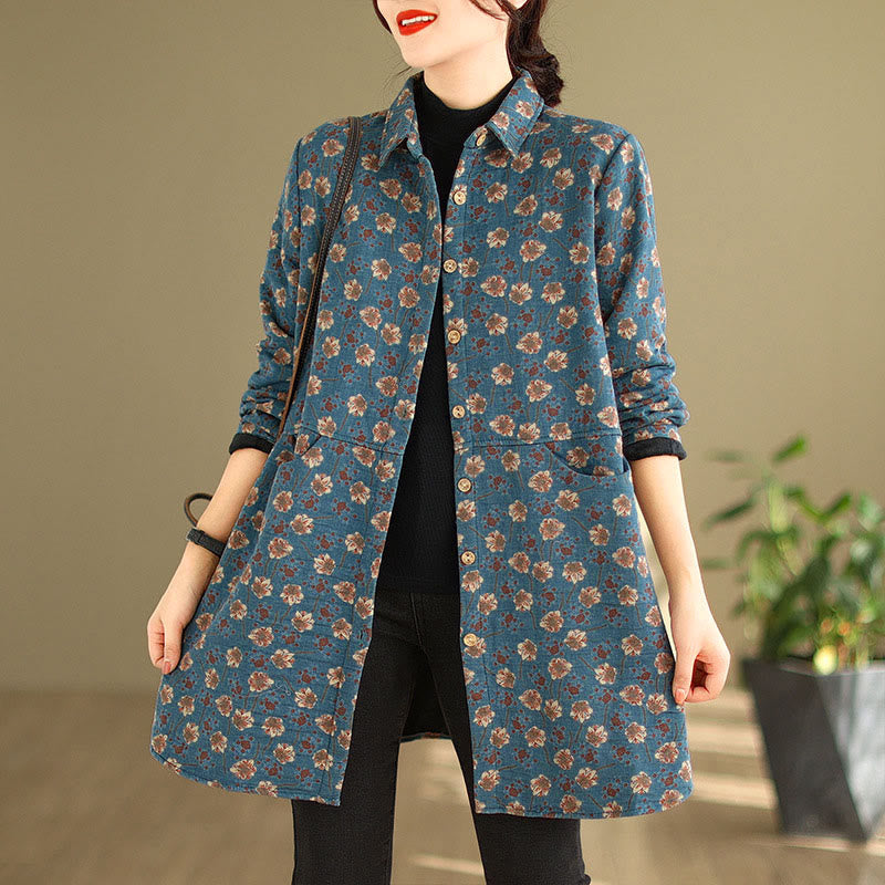 Chaqueta de algodón de manga larga para mujer con bolsillos y botones florales de otoño e invierno con Buddha Stones - image 5