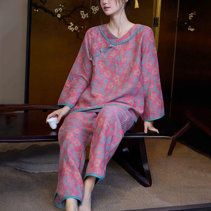 Conjunto de pijama de algodón con estampado floral de Buddha Stones de rana, manga larga, cuello redondo, camisa y pantalones  - image 2