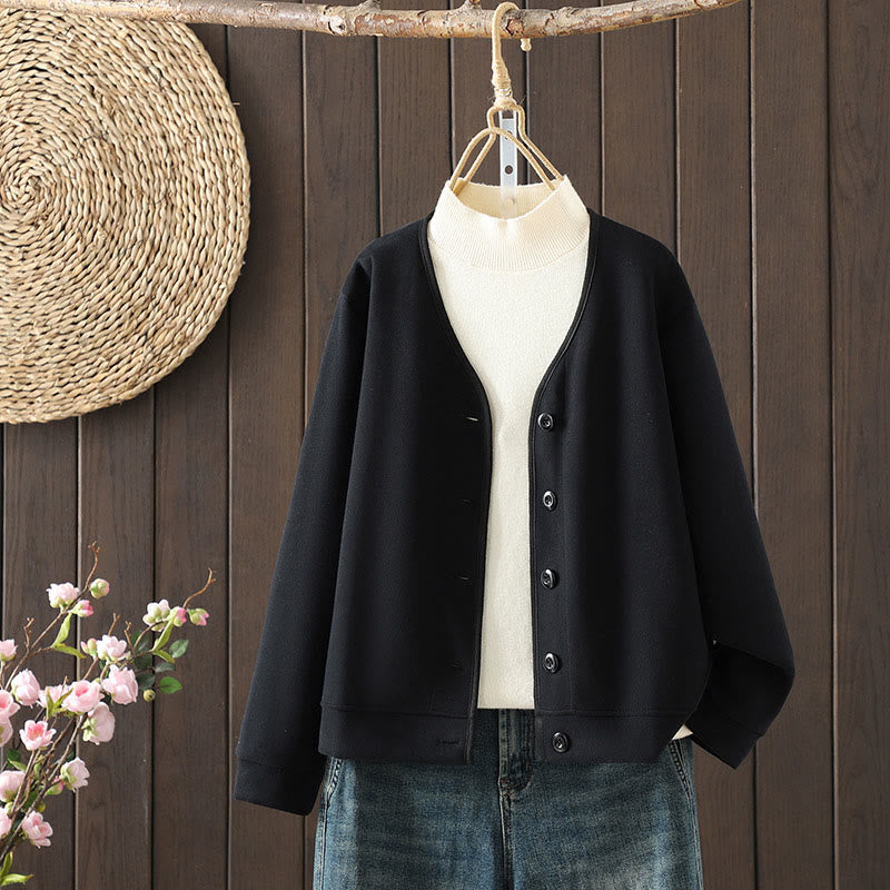 Chaqueta de algodón de manga larga para mujer, sencilla, lisa, con cuello en V y botones, con estampado de Buddha Stones - Negro - US8-10，UK/AU12-14，EU40-42 (2XL) - image 1