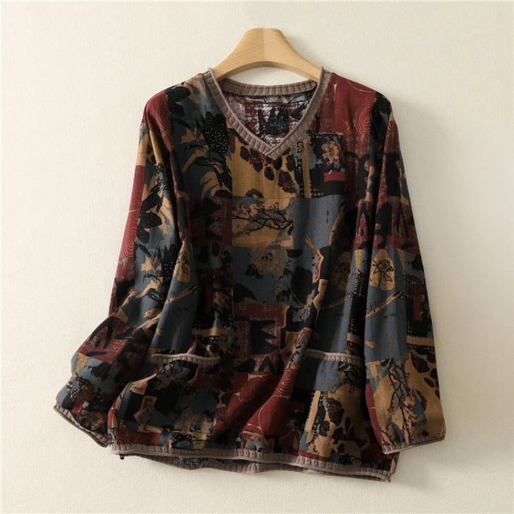 Camiseta de manga larga para mujer con cuello en V y bolsillos, con diseño geométrico de patchwork y Buddha Stones en otoño - IndianRed - US4-6, UK/AU8-10, EU36-38 (F) - image 0