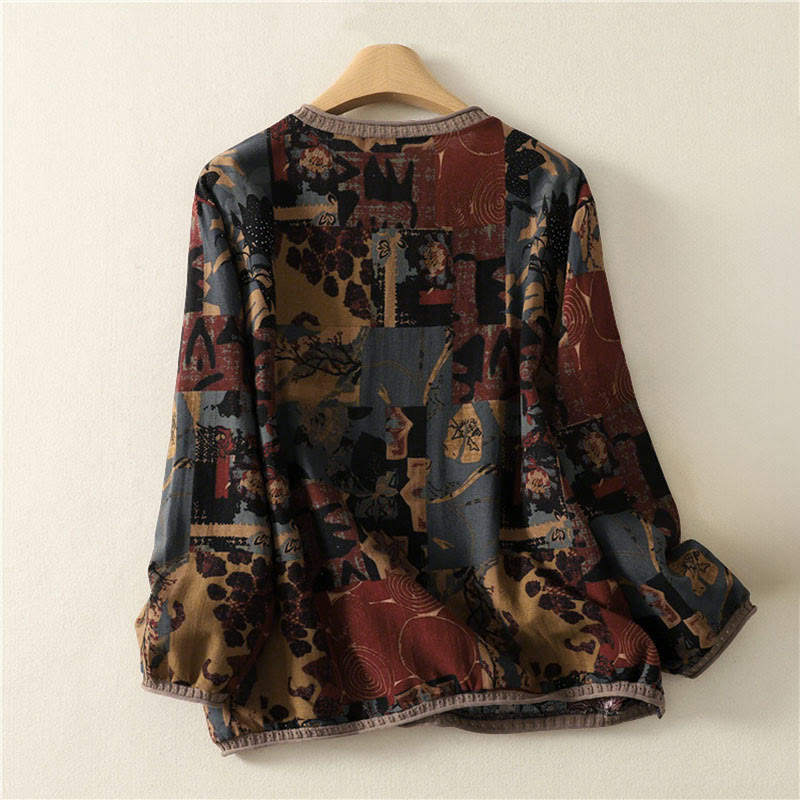 Camiseta de manga larga para mujer con cuello en V y bolsillos, con diseño geométrico de patchwork y Buddha Stones en otoño - image 1