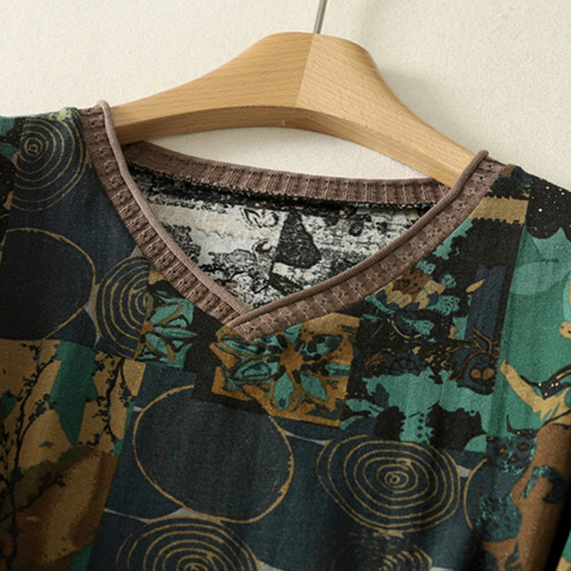 Camiseta de manga larga para mujer con cuello en V y bolsillos, con diseño geométrico de patchwork y Buddha Stones en otoño - image 10