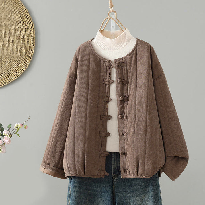 Chaqueta de algodón de manga larga para mujer con botones de rana y diseño sencillo de Buddha Stones - Broncearse - US14，UK/AU18，EU46 (2XL) - image 0