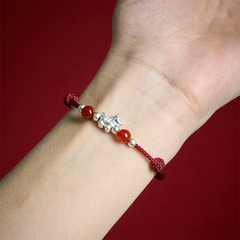 Pulsera de hilo de plata de ley 999 con Buddha Stones y ágata roja, Año del Caballo, Prosperidad - image 3