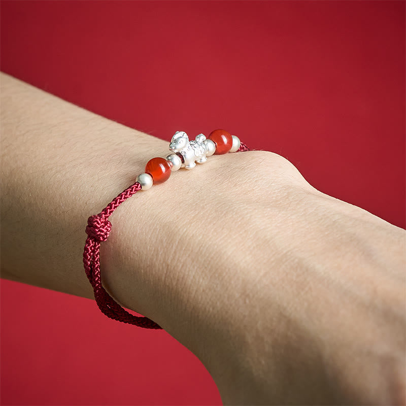 Pulsera de hilo de plata de ley 999 con Buddha Stones y ágata roja, Año del Caballo, Prosperidad - image 4