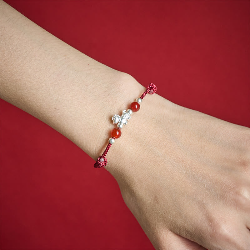 Pulsera de hilo de plata de ley 999 con Buddha Stones y ágata roja, Año del Caballo, Prosperidad - image 2