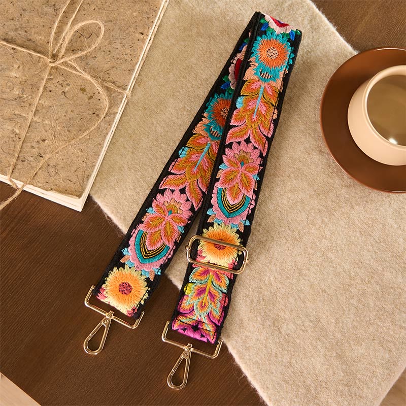 Bolsos de mano ajustables con bordado de flores multicolor y Buddha Stones, bandoleras con correas - Negro - 75-135*5 cm - image 0