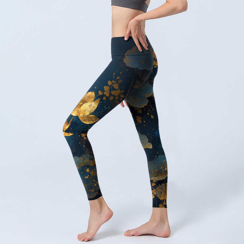 Leggings de yoga para mujer con estampado elegante de flor de loto y hojas de Buddha Stones - image 2