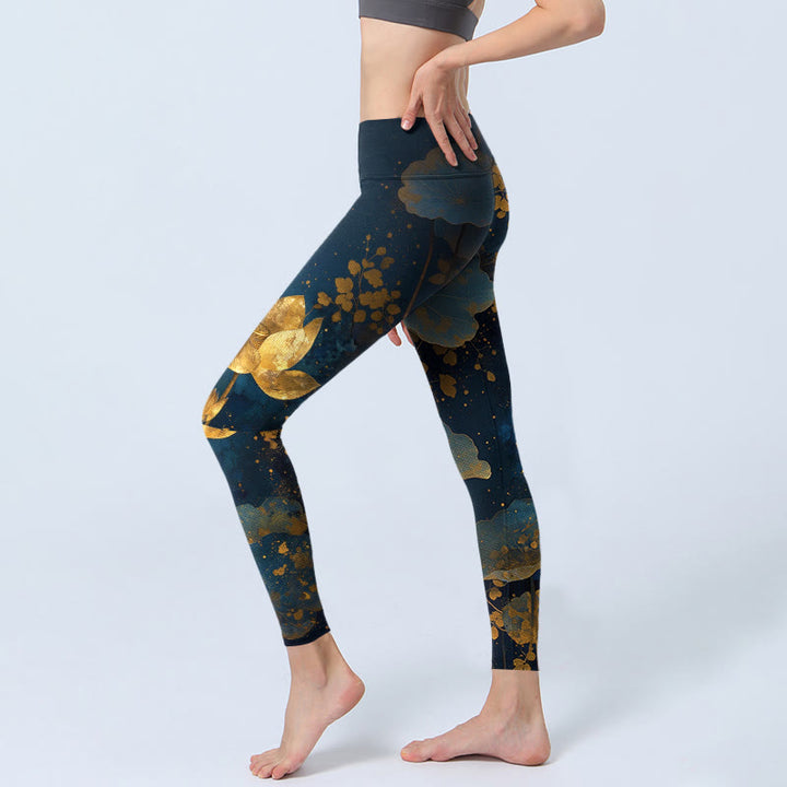 Leggings de yoga para mujer con estampado elegante de flor de loto y hojas de Buddha Stones - image 2