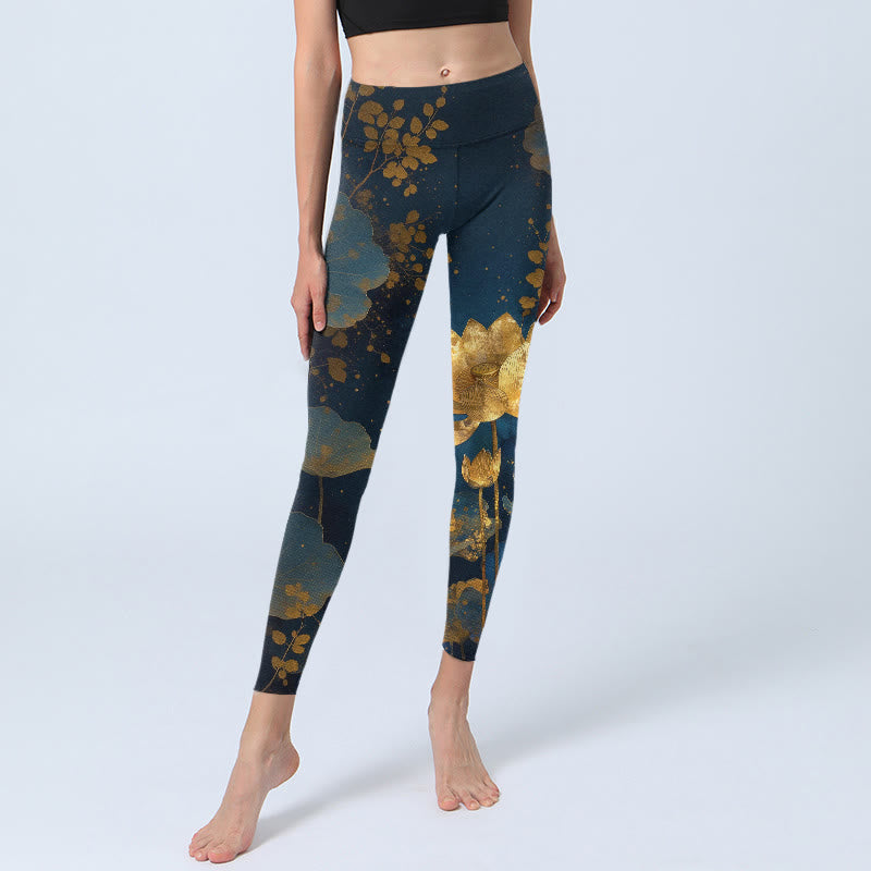 Leggings de yoga para mujer con estampado elegante de flor de loto y hojas de Buddha Stones - image 5