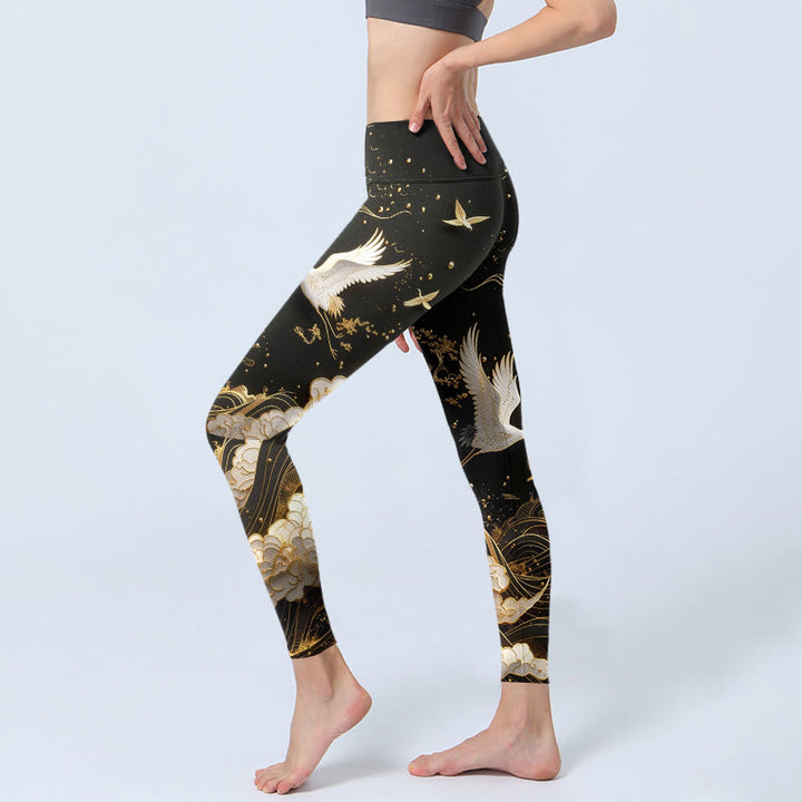 Leggings de yoga para mujer con estampado de Buddha Stones, grullas, nubes, olas y pinos con líneas delicadas - image 2