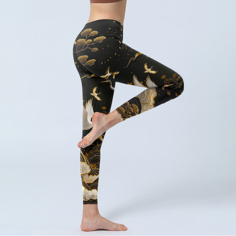 Leggings de yoga para mujer con estampado de Buddha Stones, grullas, nubes, olas y pinos con líneas delicadas - image 3