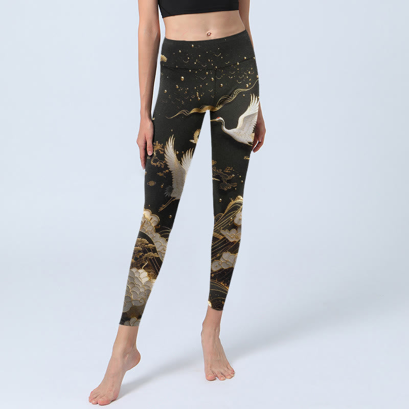 Leggings de yoga para mujer con estampado de Buddha Stones, grullas, nubes, olas y pinos con líneas delicadas - image 5